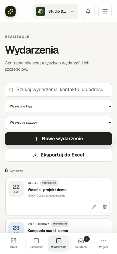 Rzeczywisty mobilny widok wydarzeń Eventiq na danych demonstracyjnych
