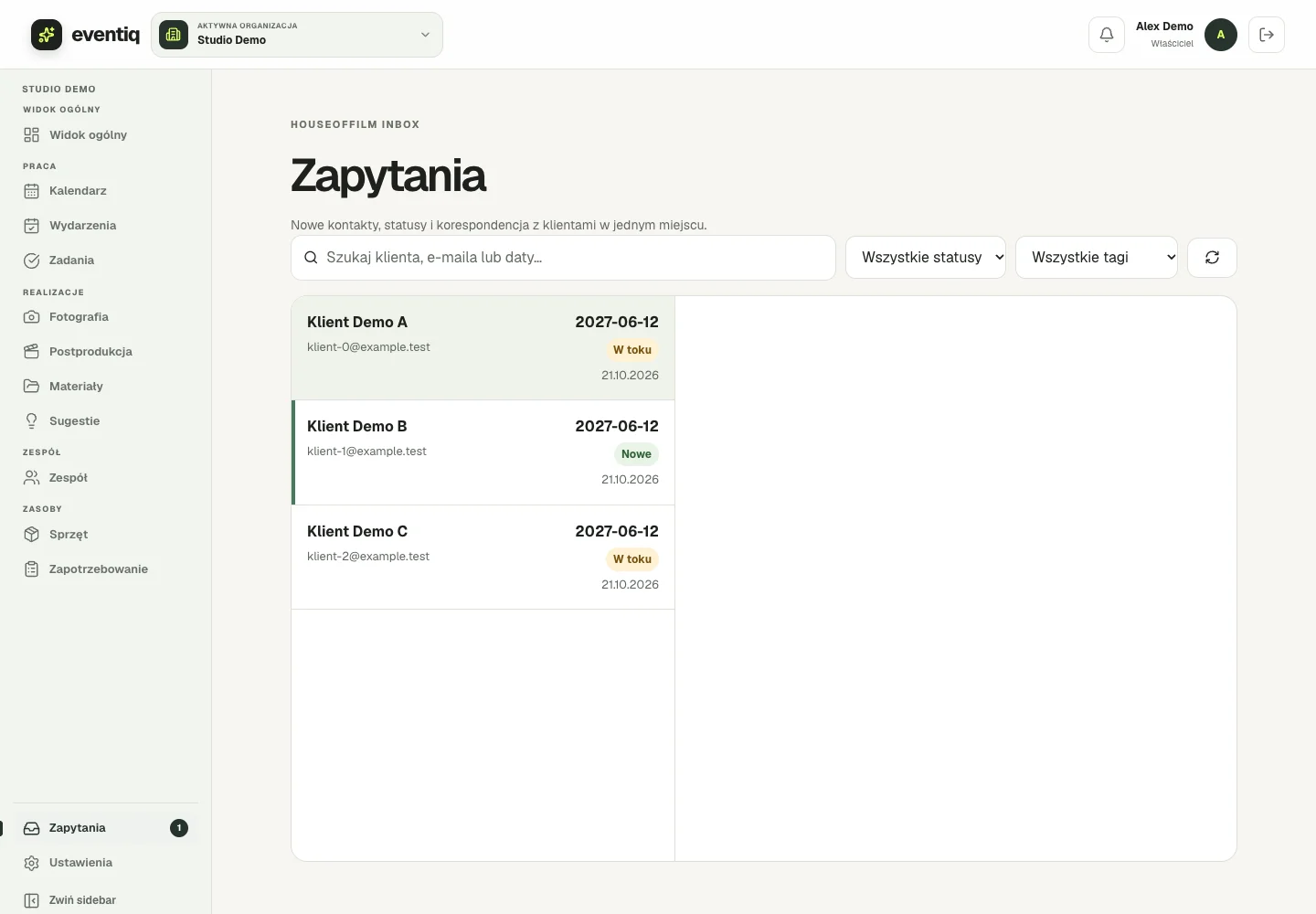 Istniejący CRM Eventiq uruchomiony lokalnie z przykładowymi zapytaniami