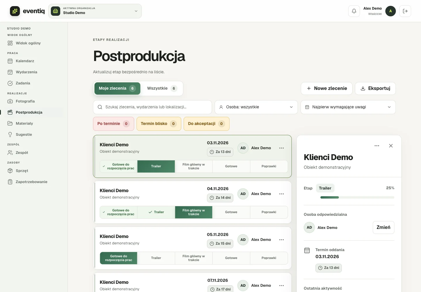 Rzeczywista lista postprodukcji Eventiq z etapami i terminami danych demo